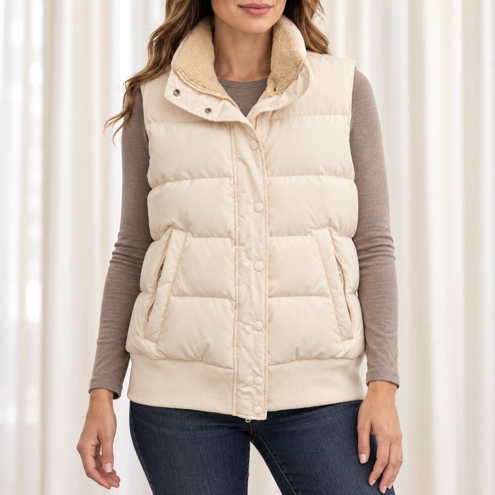 Banana Republic Down Puffer Vest Womens Large Ivory Packaway Hood Sherpa Collar